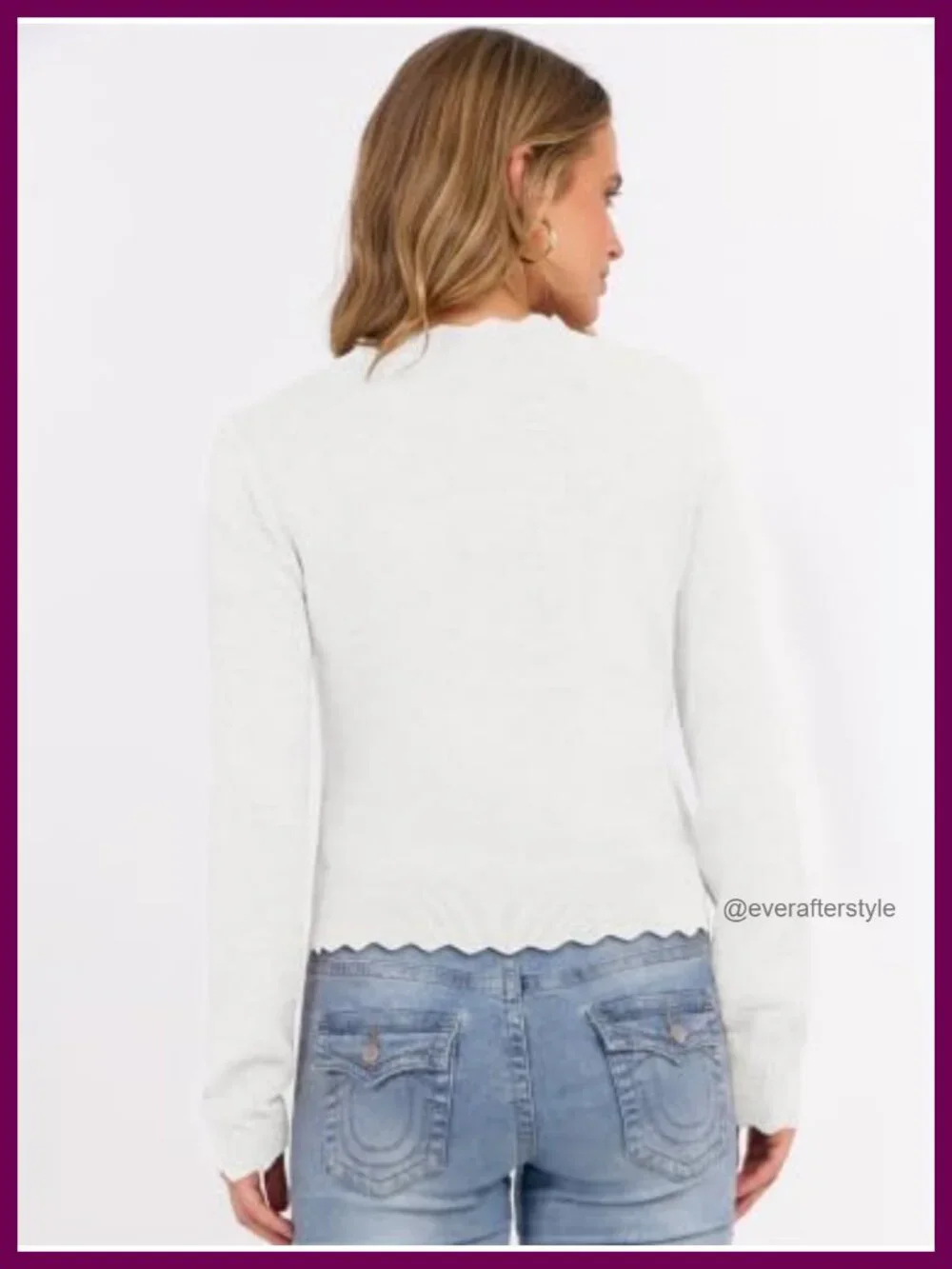 Women's Ribbed Knit Pullover Sweater Lightweight Scallop Edge Long Sleeve